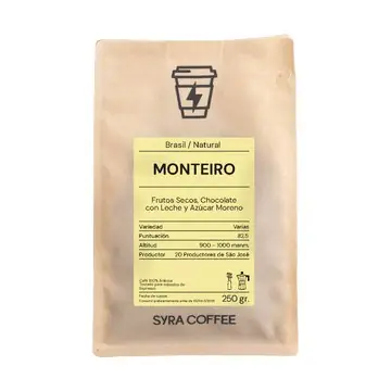 Syra Coffee kraft retail bag labelled Monteiro (Brasil/Natural) photographed on a plain white background
