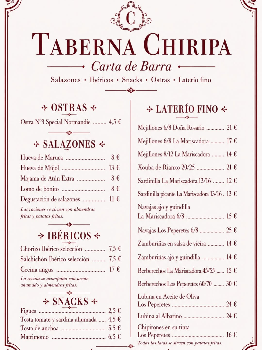 CHIRIPA TAMBIÉN ES BARRA.
Estrenamos una nueva forma de disfrutar de la taberna: más informal, más espontánea y sin perd
