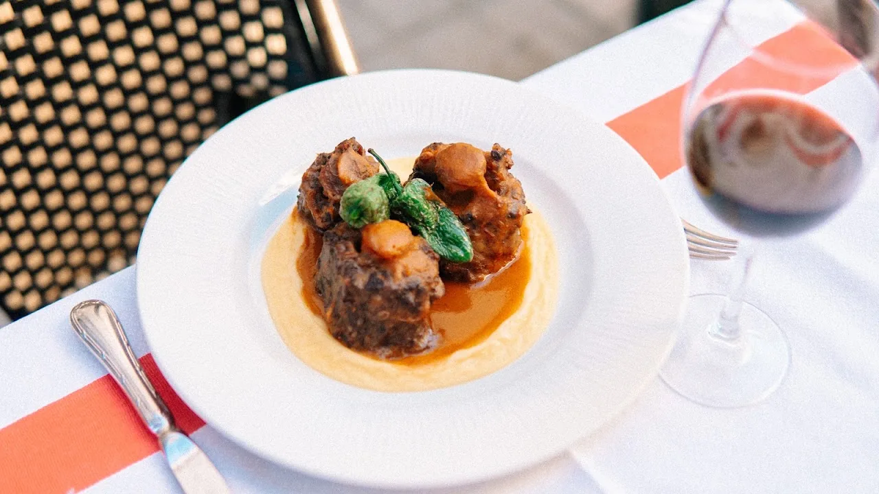 Braised meat in a rich brown sauce on a white plate