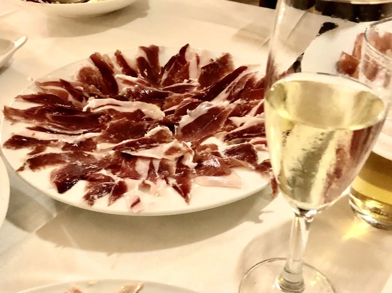 A plate of thinly sliced cured Iberian ham