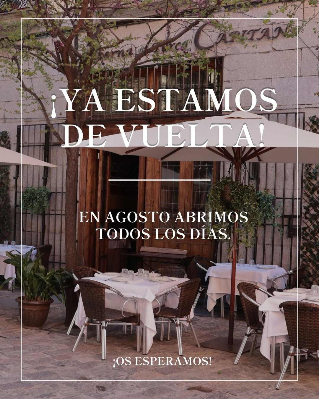 Las brasas ya están encendidas. 🔥 Estamos de vuelta.
Este agosto abrimos todos los días para que disfrutes del Madrid