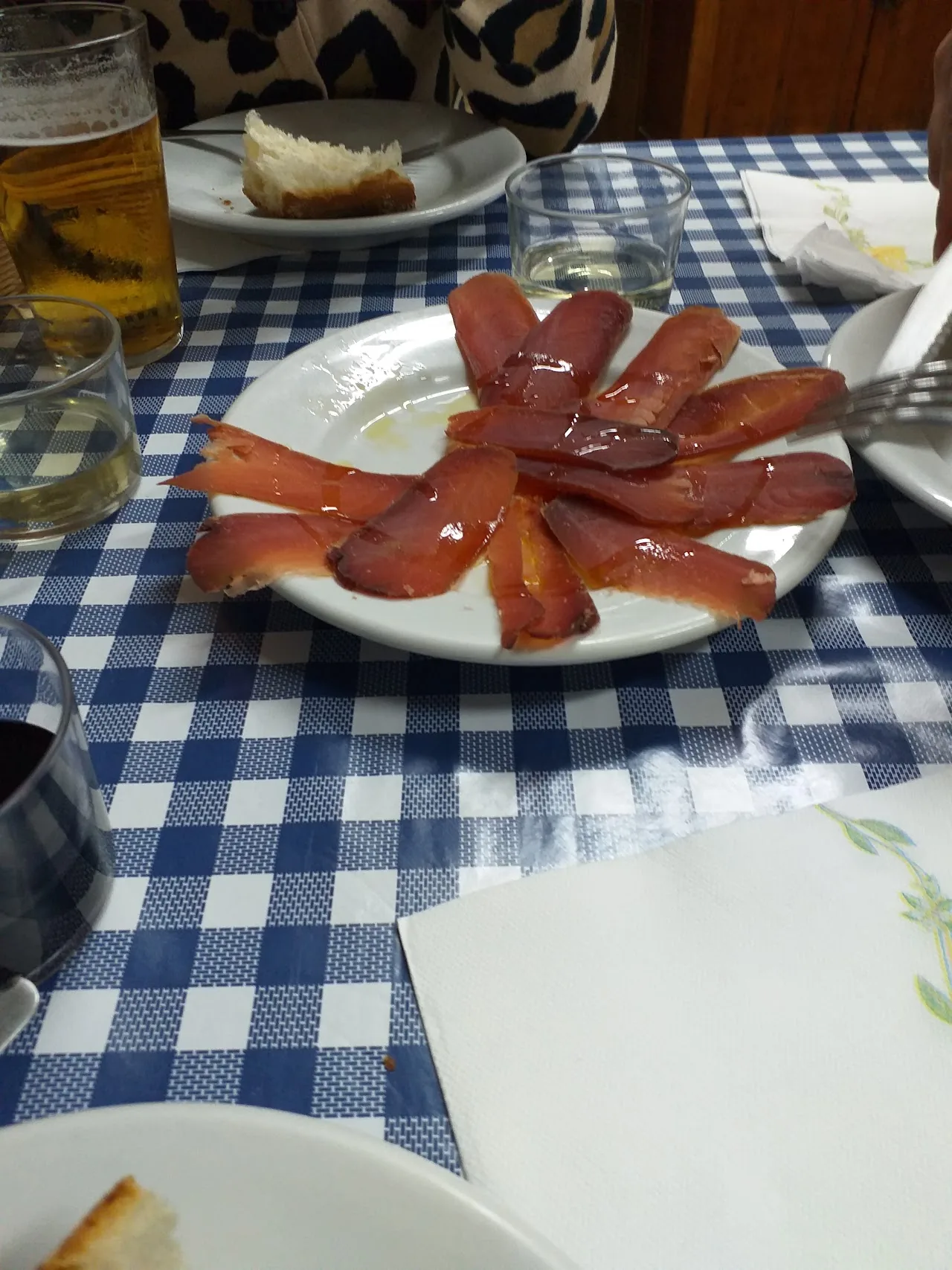 A plate of fanned-out sliced chorizo