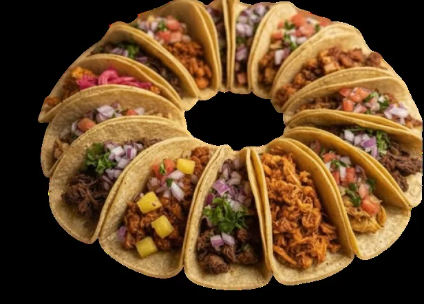 Tacos arranged in a circle, filled with various meats and garnishes