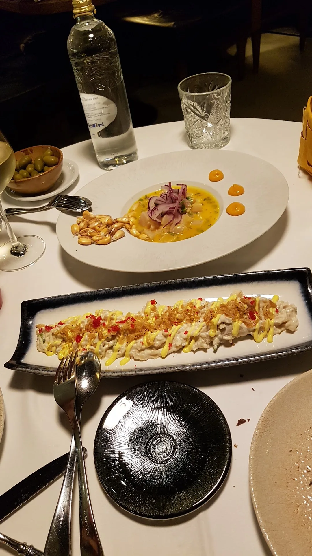 Two plated dishes: a ceviche with red onion and yellow sauce beside toasted corn, and a creamy seafood preparation drizzled with sauce and crispy toppings