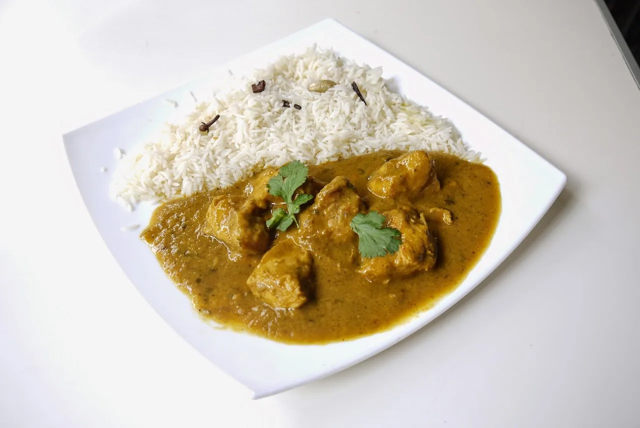 A plate of curry with rice