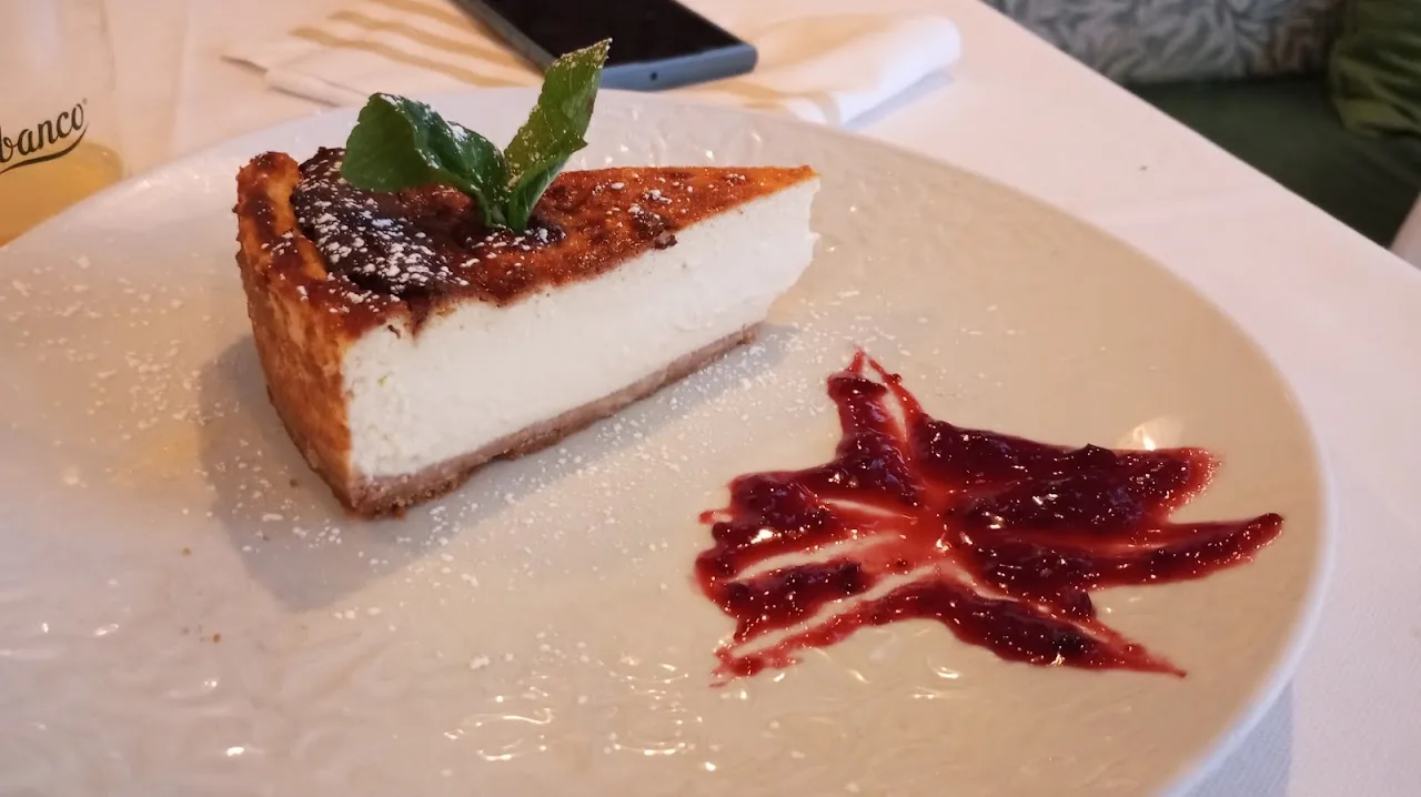 A slice of cheesecake with a berry coulis