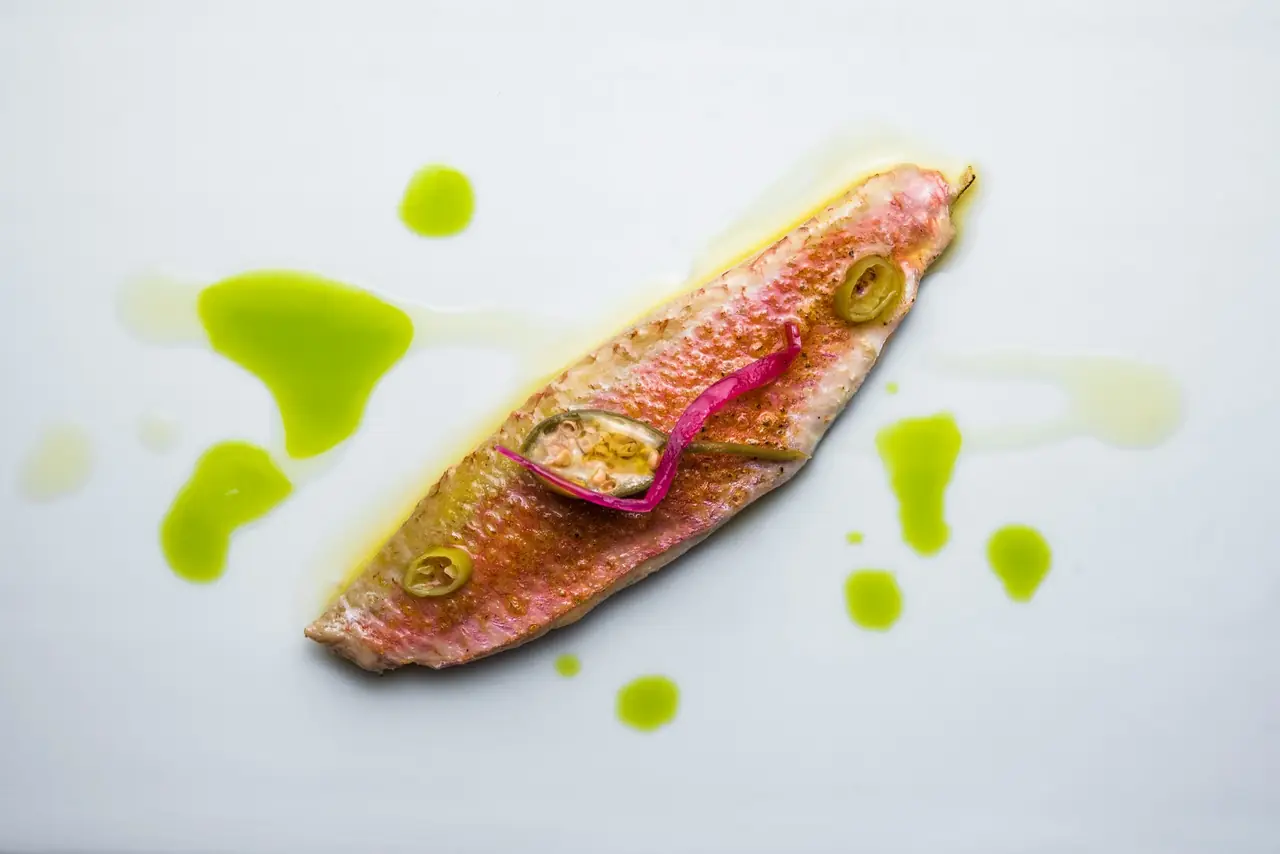 A pink-skinned fish fillet with drops of bright green herb oil on a white plate