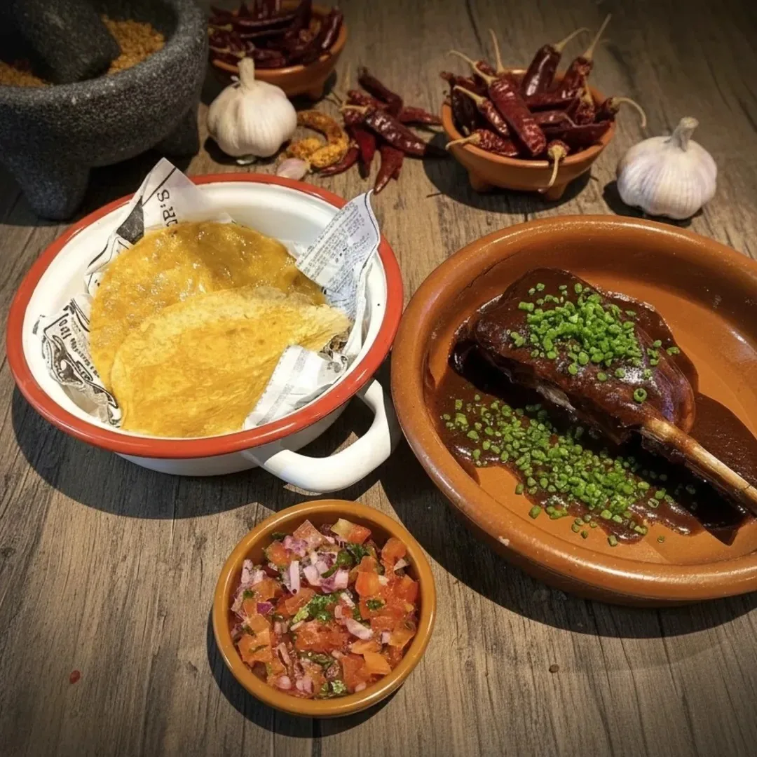 A wooden table with a baked dish, a clay dish of slow-cooked meat and a small bowl of chopped tomato salsa