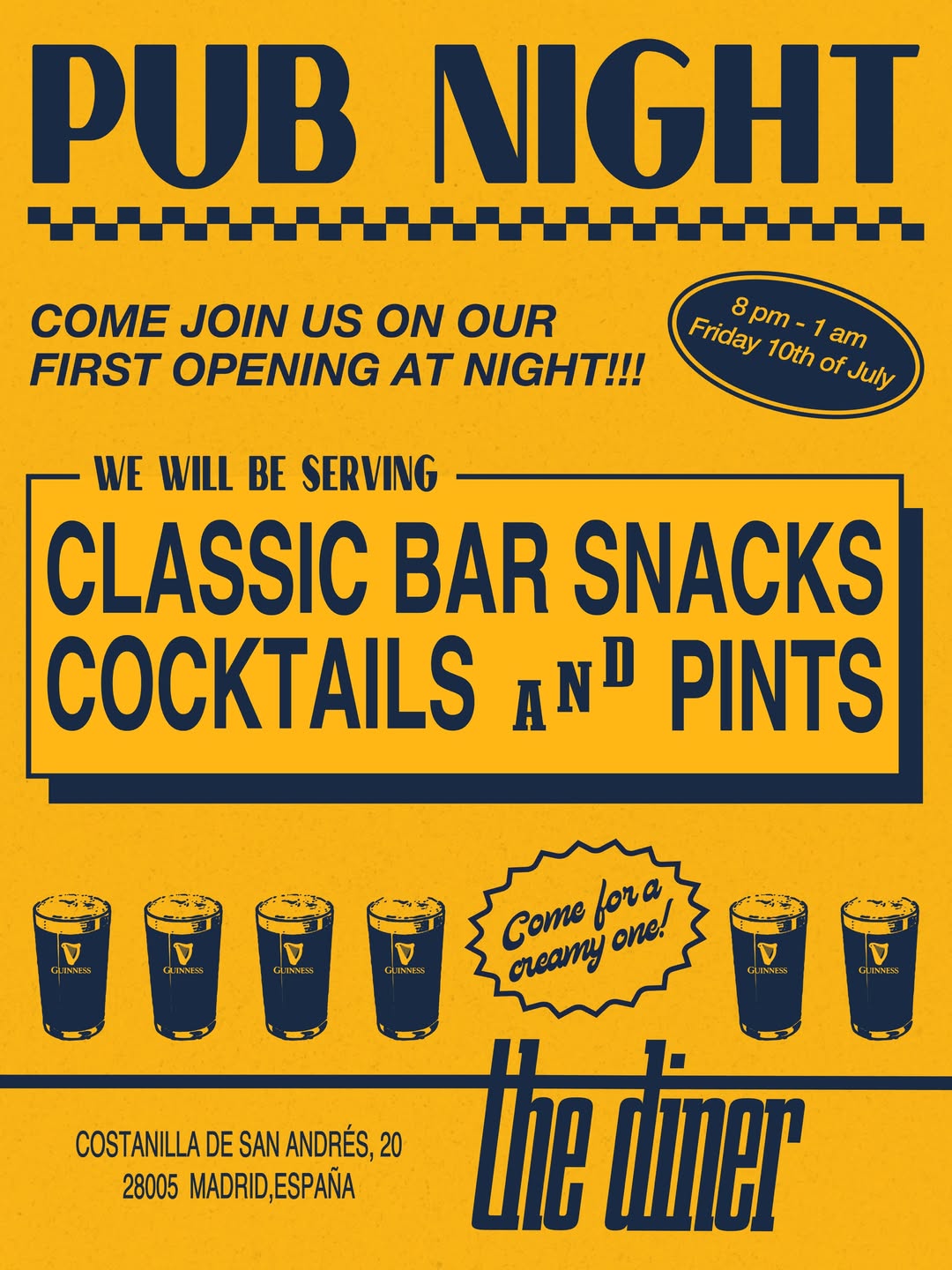 PUB NIGHT at THE DINER! Come join us on our first opening at night!
We will be serving delicious classic bar snacks an