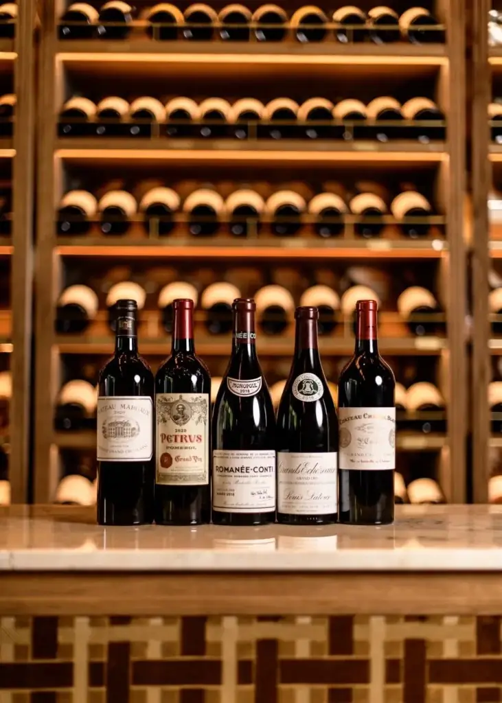 Five prestige red wine bottles including Chateau Margaux, Petrus and Romanee-Conti lined up on a marble bar in front of a backlit wine cellar