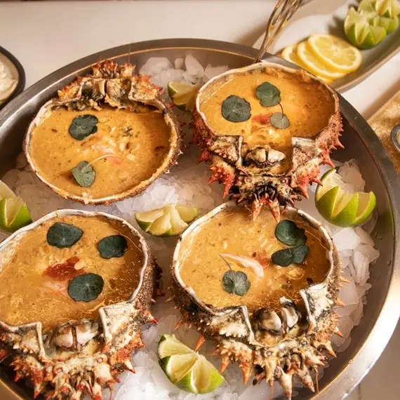 Four spider-crab shells filled with creamy seafood soup, garnished with herb leaves and served on crushed ice with lime and lemon wedges