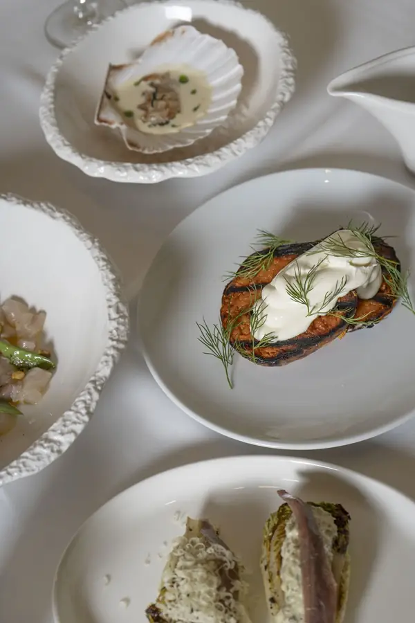 Assortment of plated dishes including a scallop in its shell, a grilled toast topped with cream and dill, and a crudo, on white ceramic plates