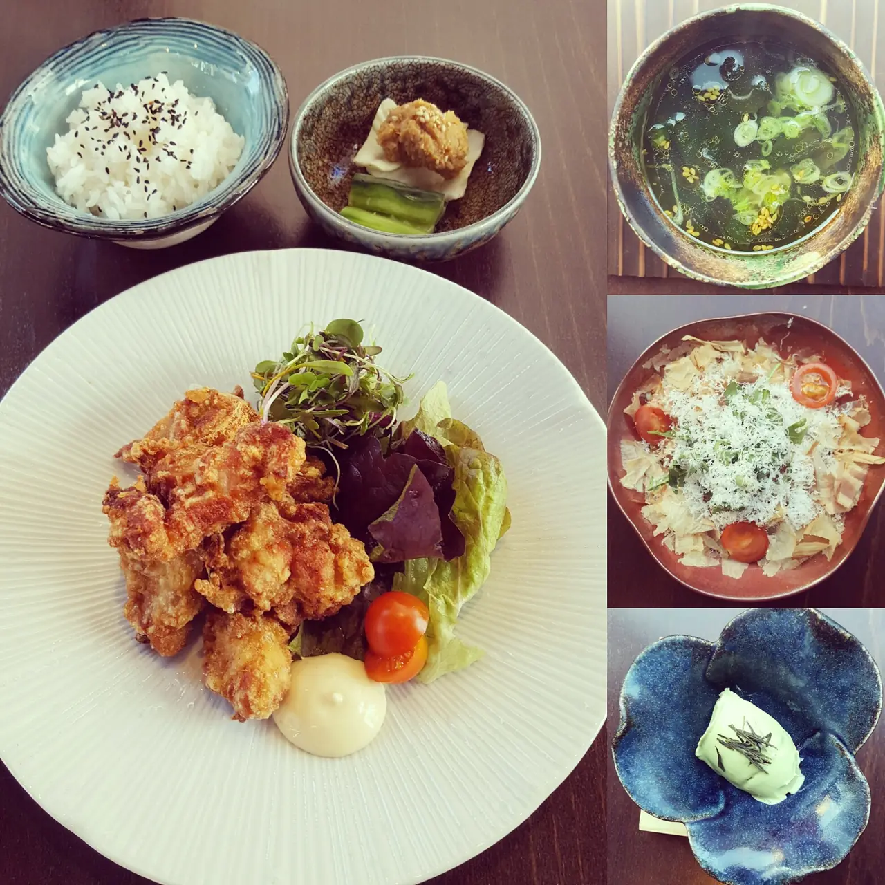 Collage of a fried chicken set with rice, soup, salad and dessert