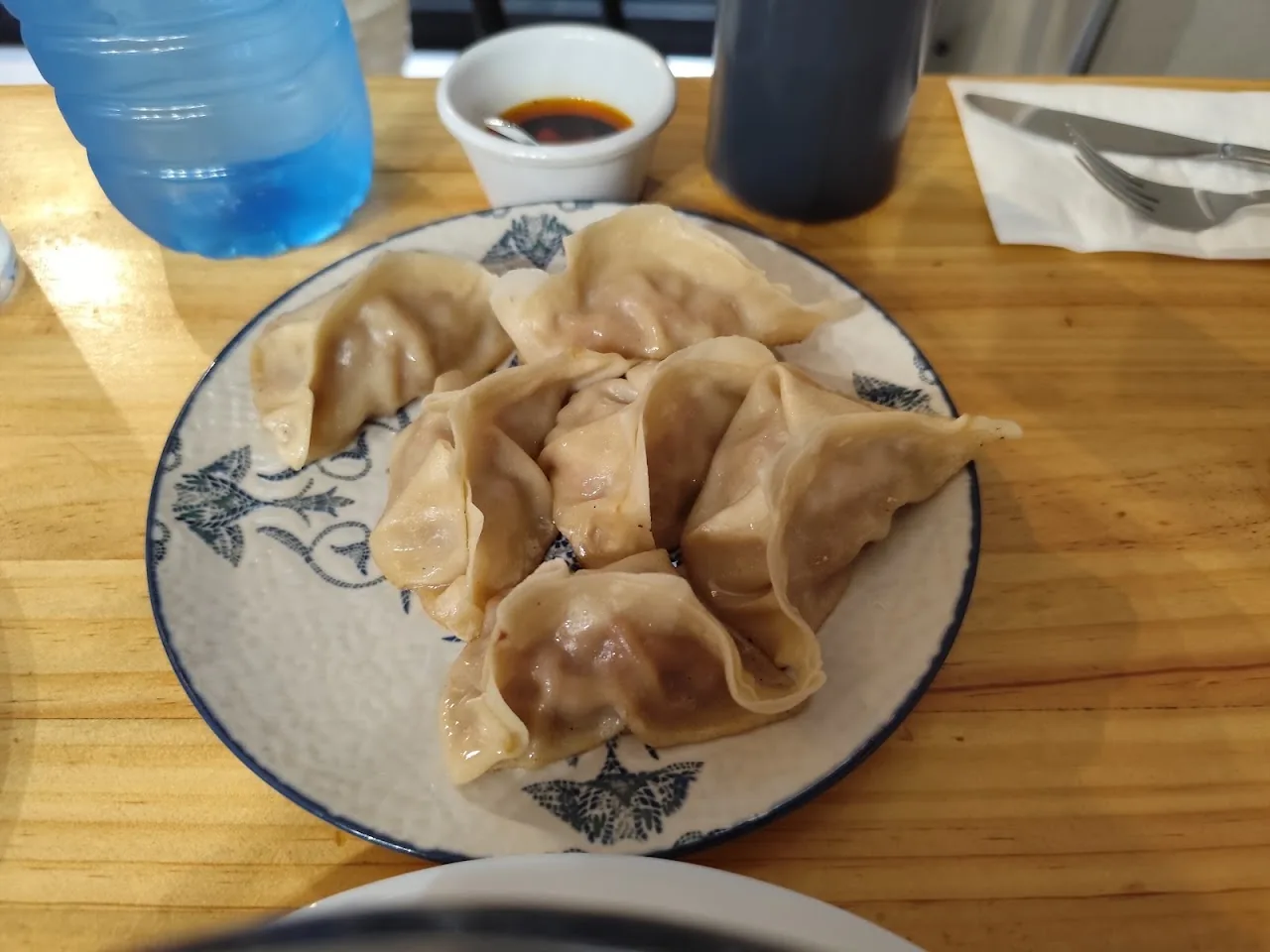 A plate of pan-fried dumplings with a small bowl of dark dipping sauce