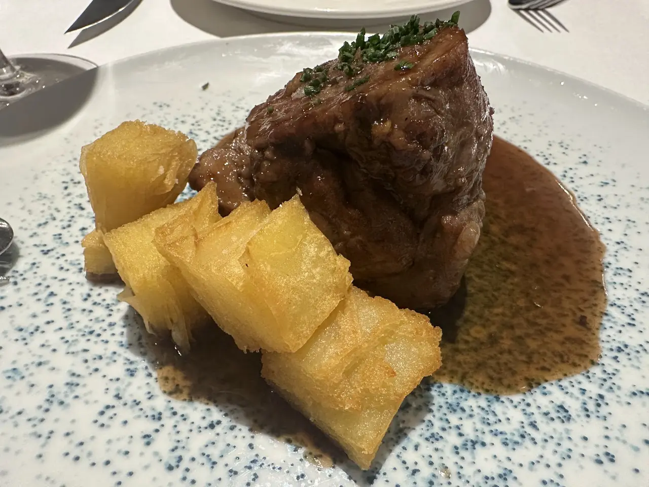Braised meat in dark sauce with chopped chives, alongside thick fried potato wedges on a speckled plate