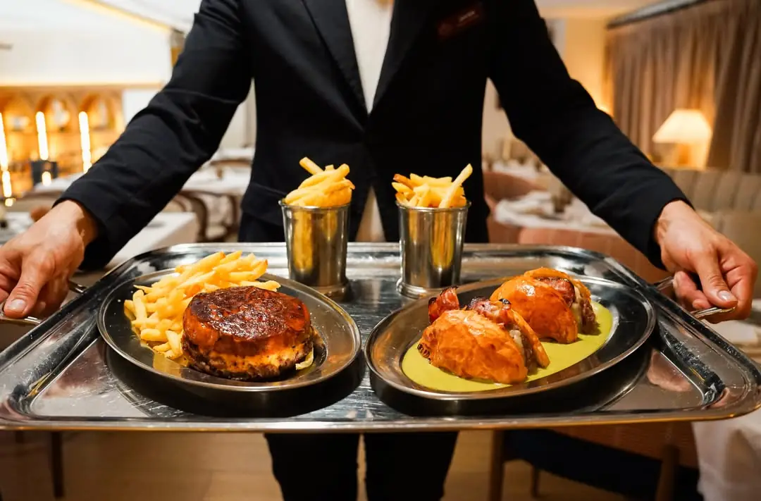 Server presenting a tray with a seared burger and fries alongside a croissant topped dish in green sauce