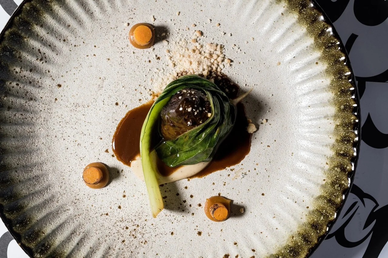A round plate with a cooked leafy parcel and sauce dots