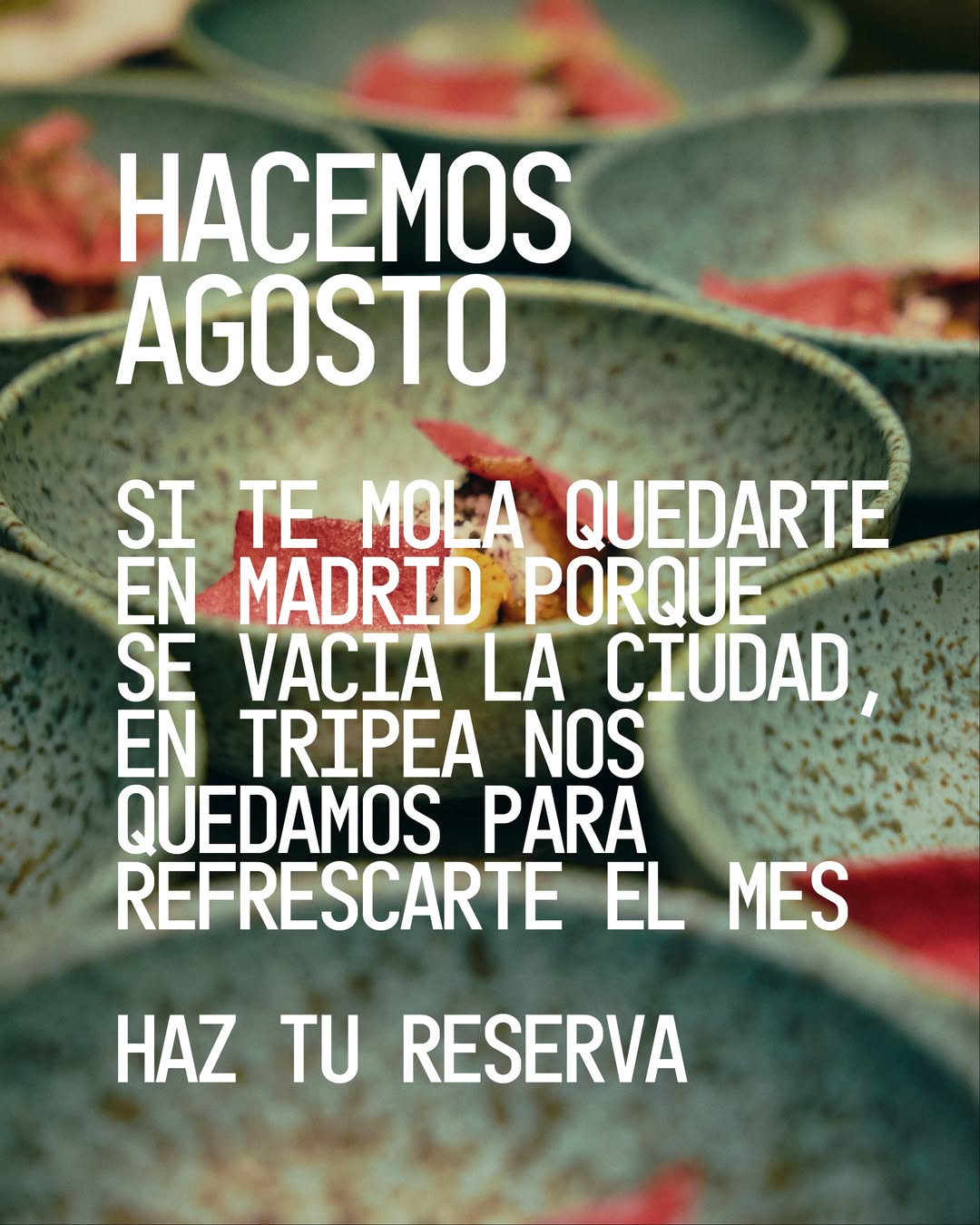 Si te quedas en Madrid en agosto, te esperamos en Tripea.
Pre-reservas ya abiertas y reservas disponibles a partir del