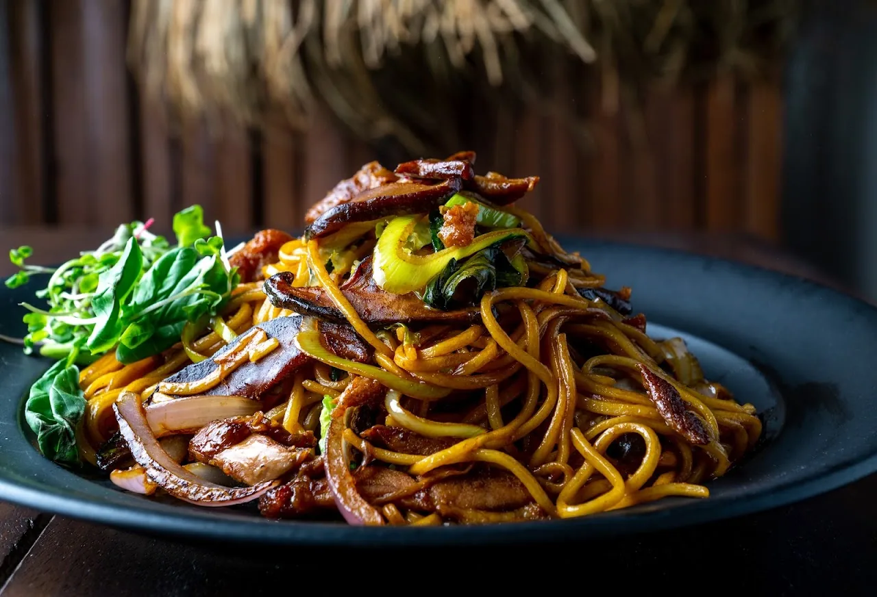 A dark plate of noodles with meat, greens, and vegetables