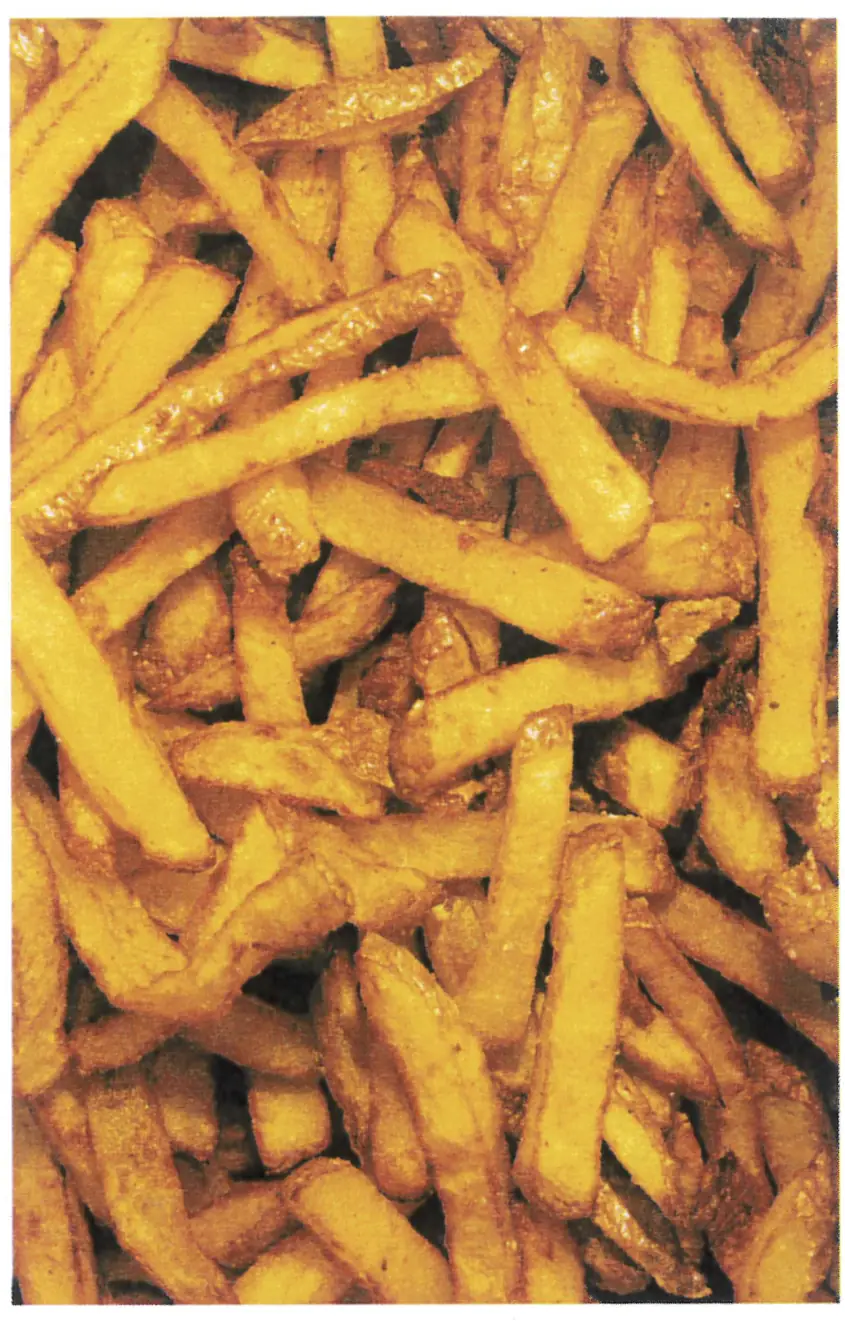 Overhead close-up of a pile of golden French fries, Two Patties