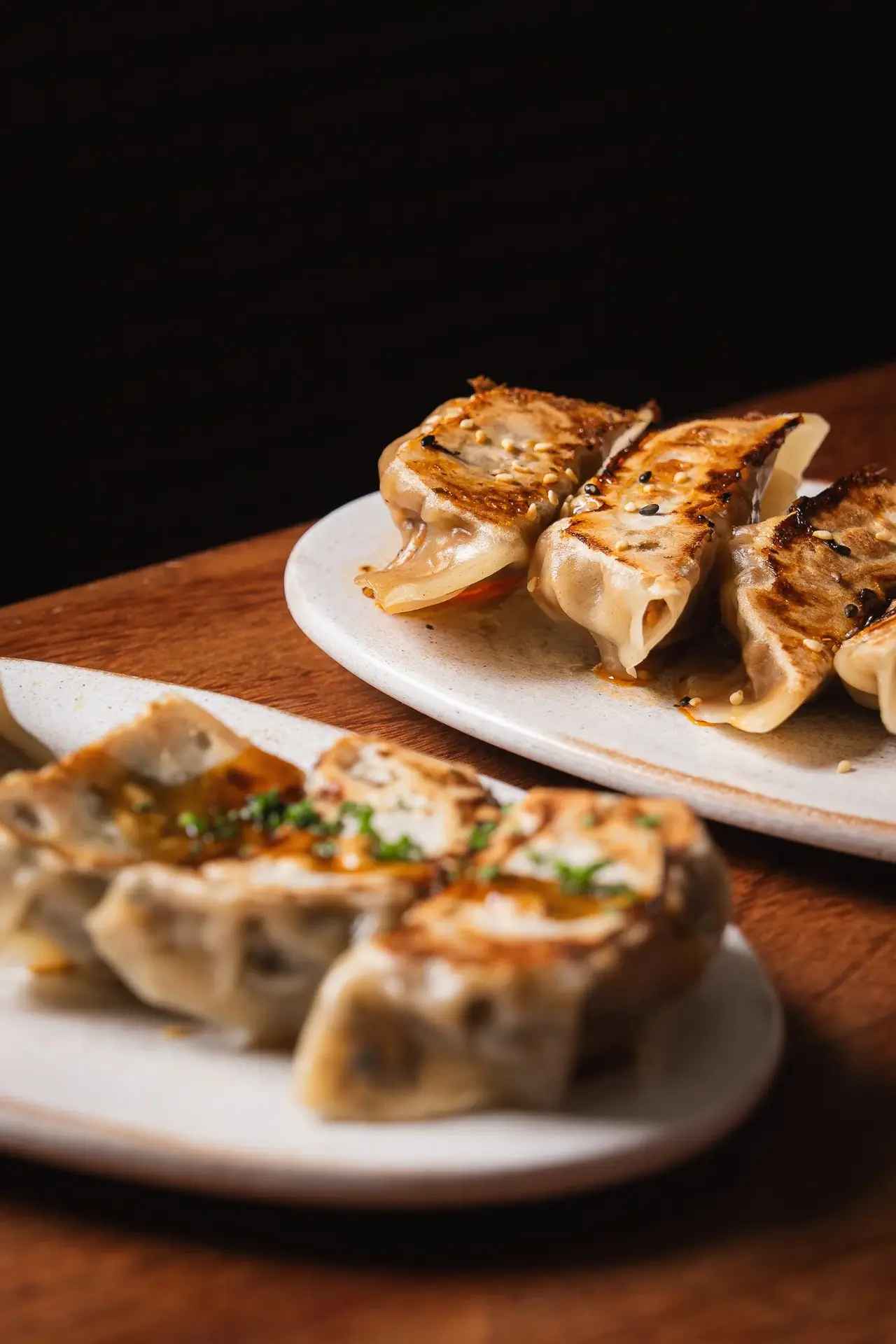 Pan-seared gyoza dumplings with charred grill marks and sesame seeds, served on a speckled ceramic plate, at Umami Plant Based