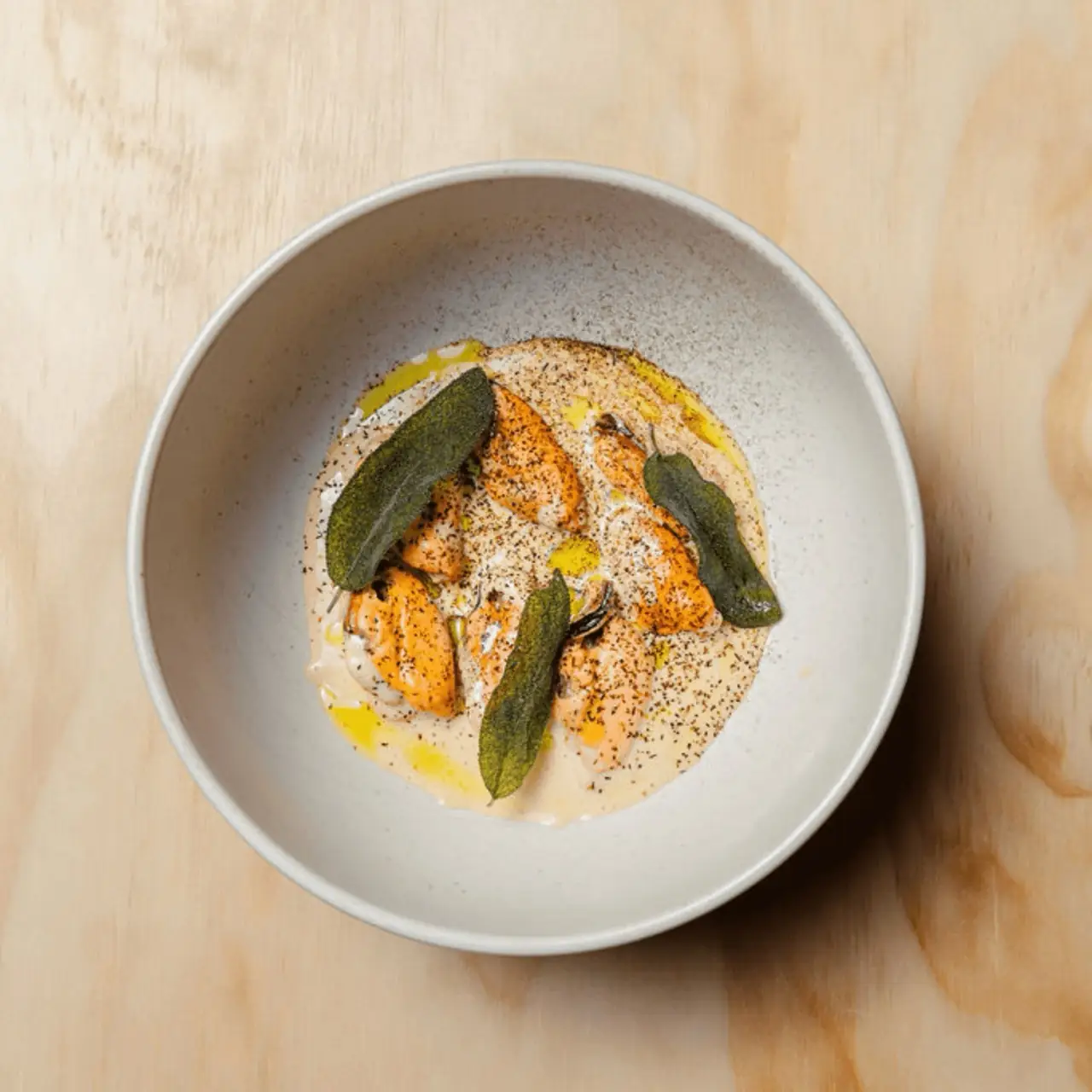Mussels out of the shell in a creamy peppered sauce topped with crisp fried sage leaves and olive oil in a speckled bowl
