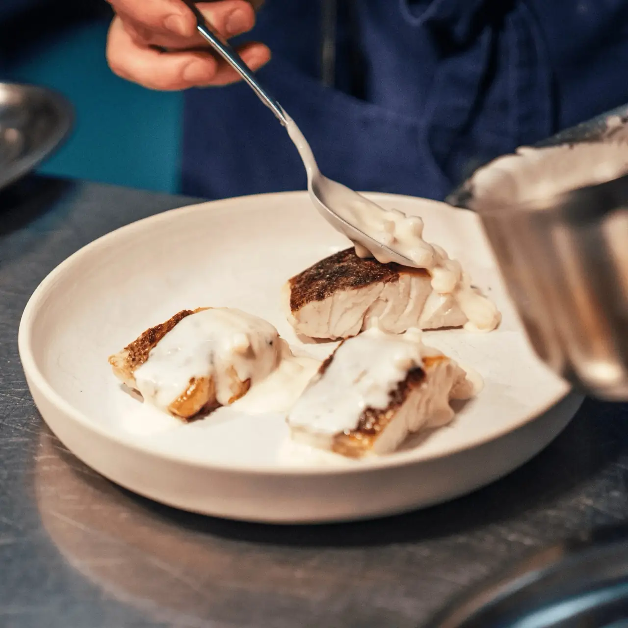 Hands spooning a pale cream sauce over three pieces of pan-seared fish on a white plate in the kitchen