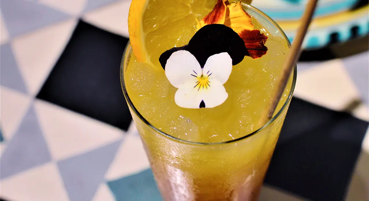 Tall glass cocktail with crushed ice garnished with an orange slice and a white edible pansy flower