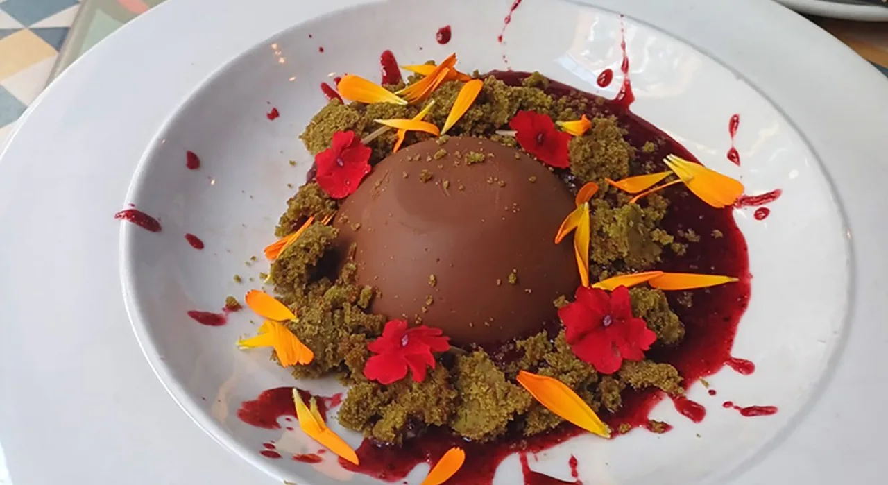 A round chocolate dome on a white plate with green crumb, red sauce and edible flowers