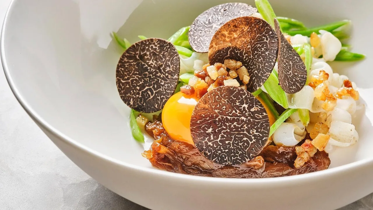 A bowl of black truffle slices over egg yolk, green beans and diced topping