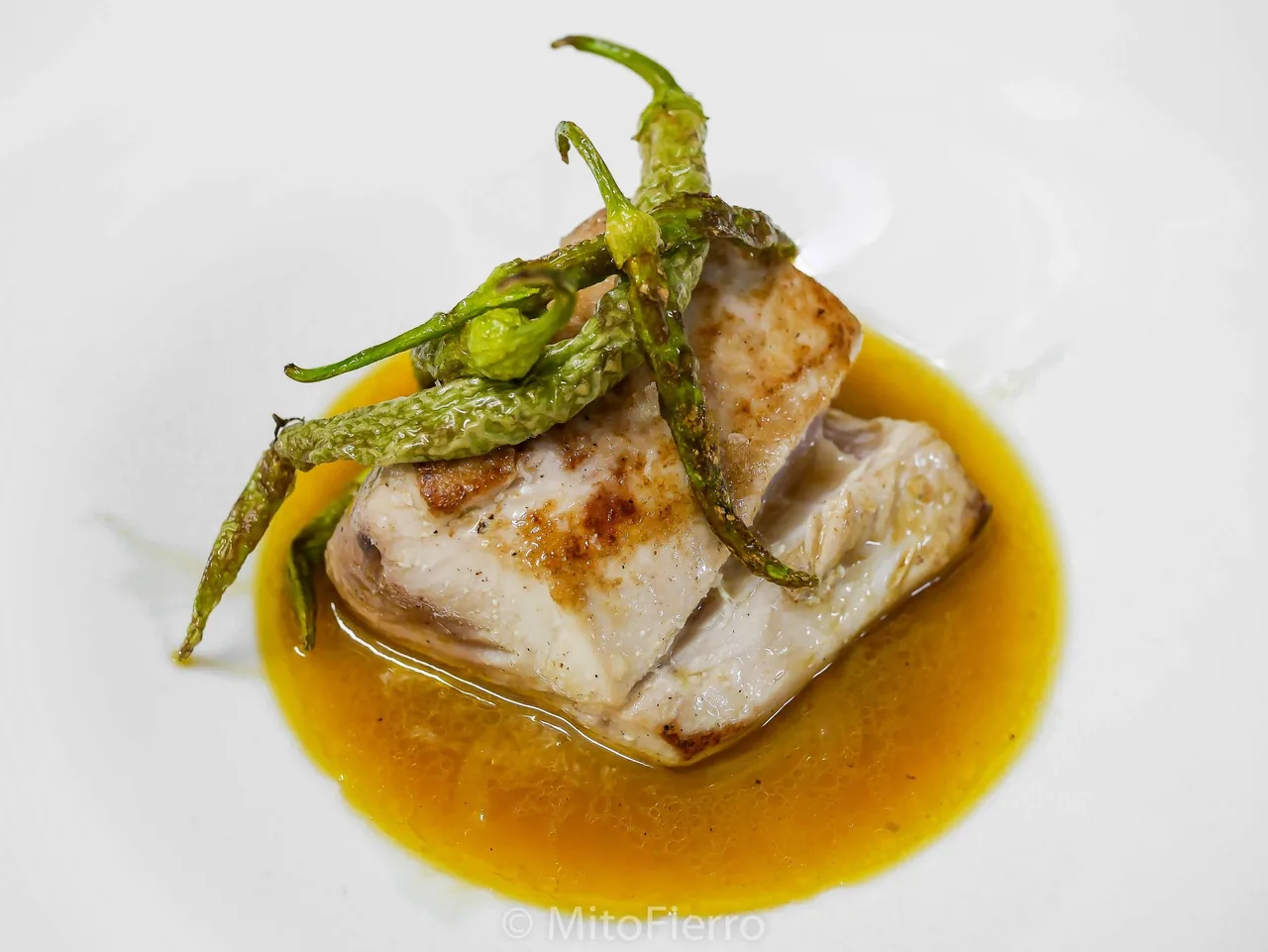 A piece of seared fish with a charred green pepper in a golden sauce on a white plate