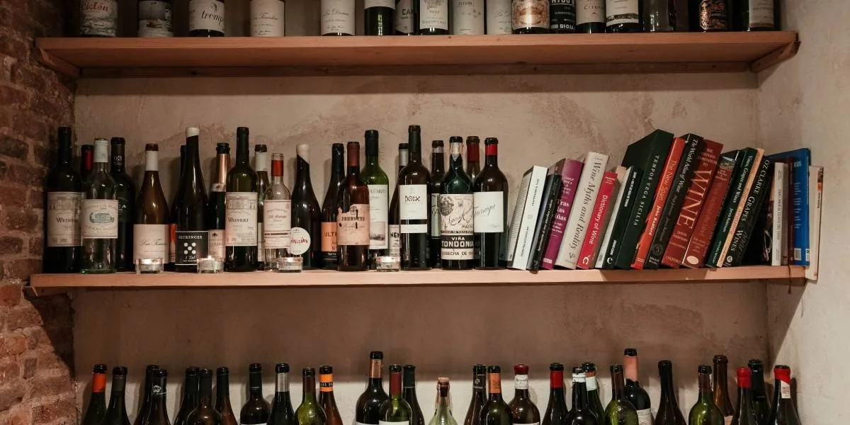 Wooden shelves of wine bottles and books in a brick alcove
