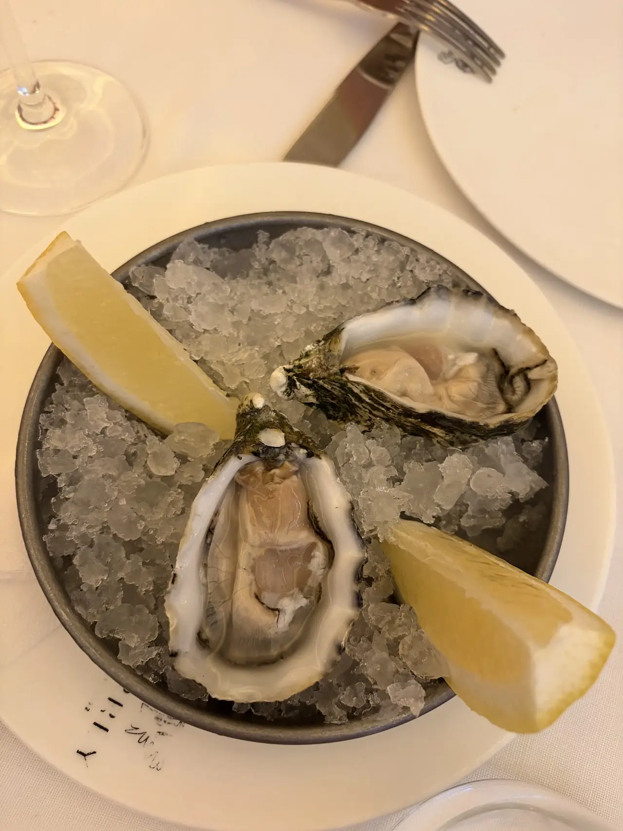 Two open oysters on crushed ice with lemon wedges.
