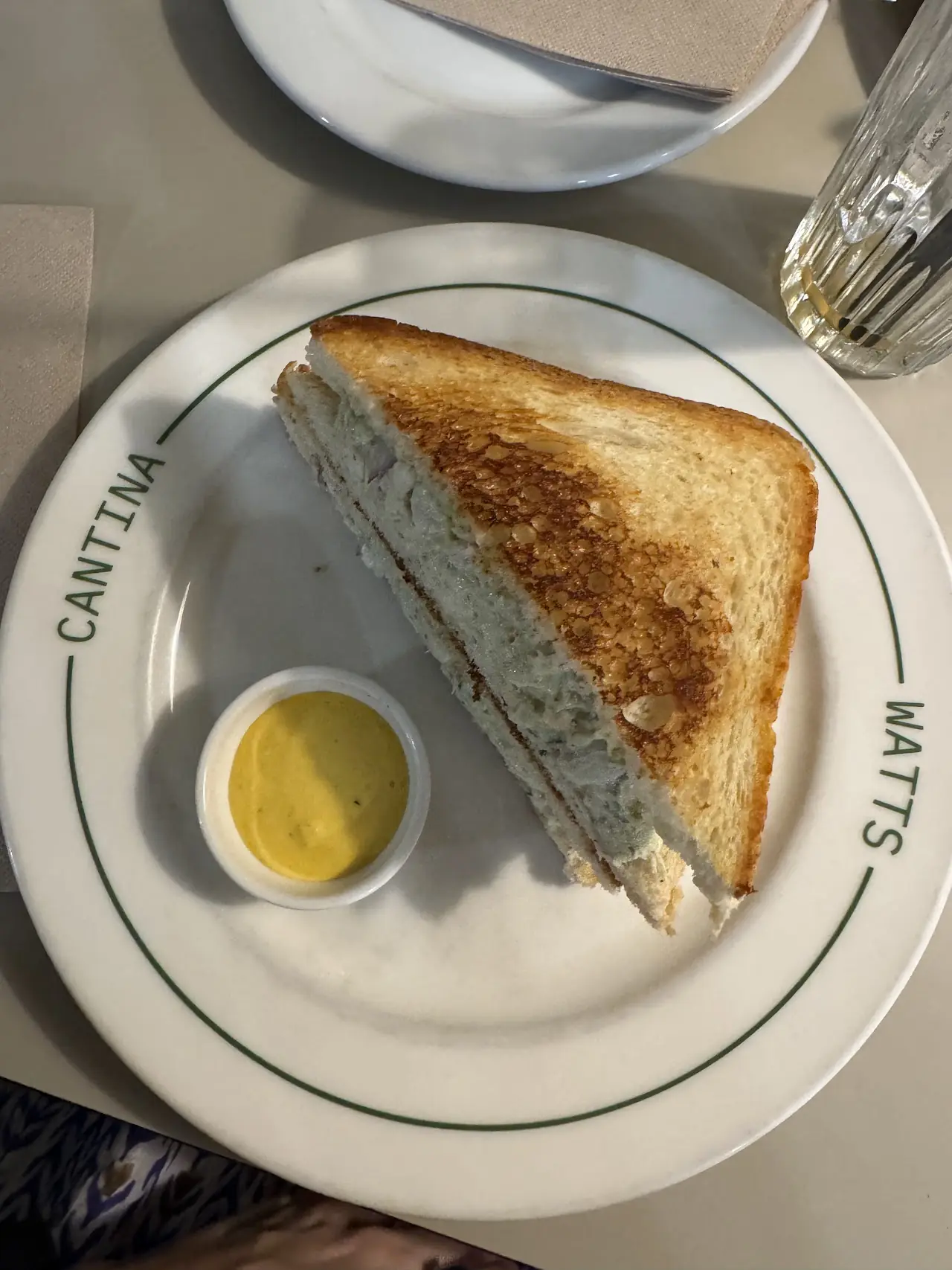 A toasted sandwich cut into triangles with a small pot of mustard on a Watts Cantina plate
