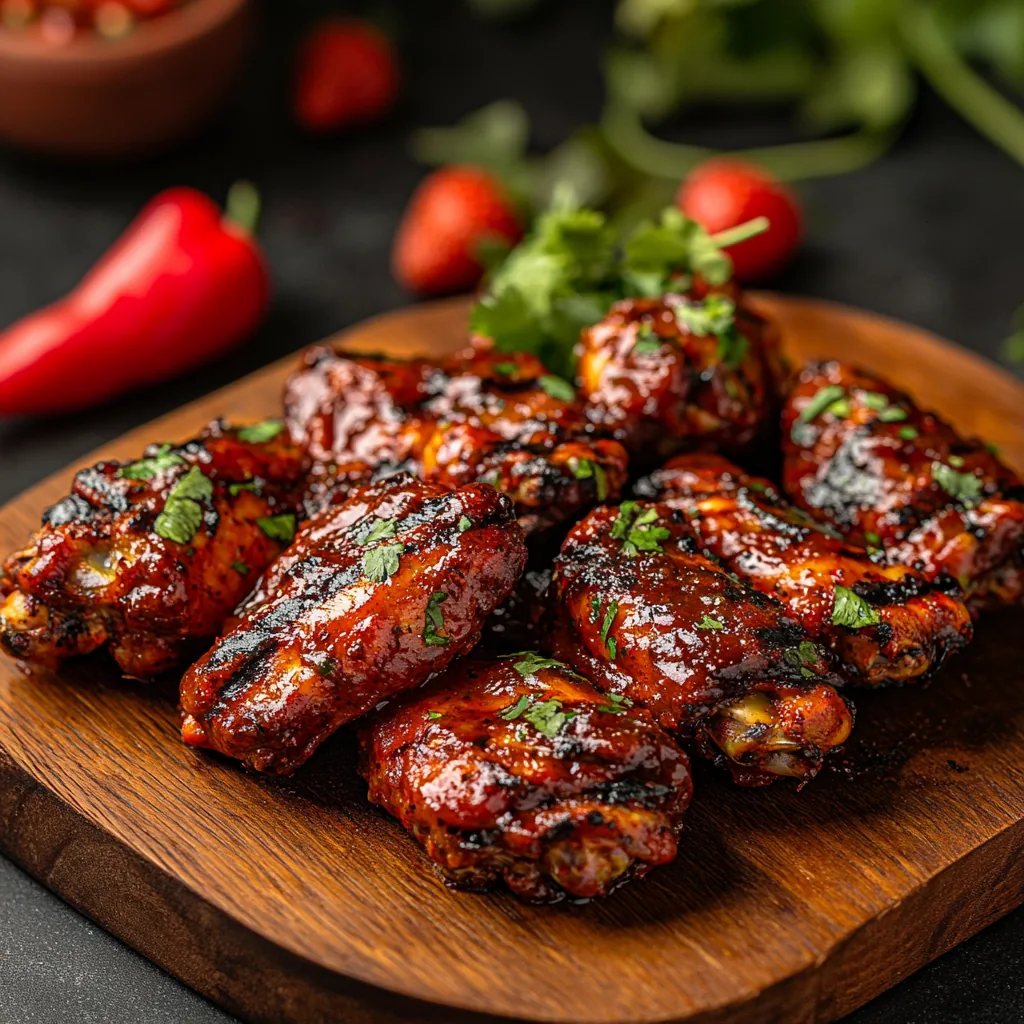 A wooden board piled with glazed chicken wings