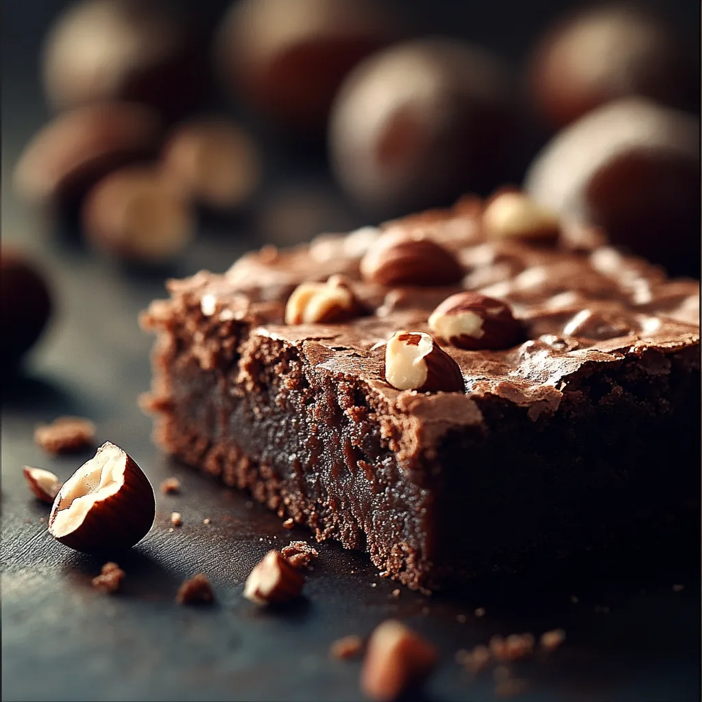 A slice of chocolate brownie topped with hazelnuts