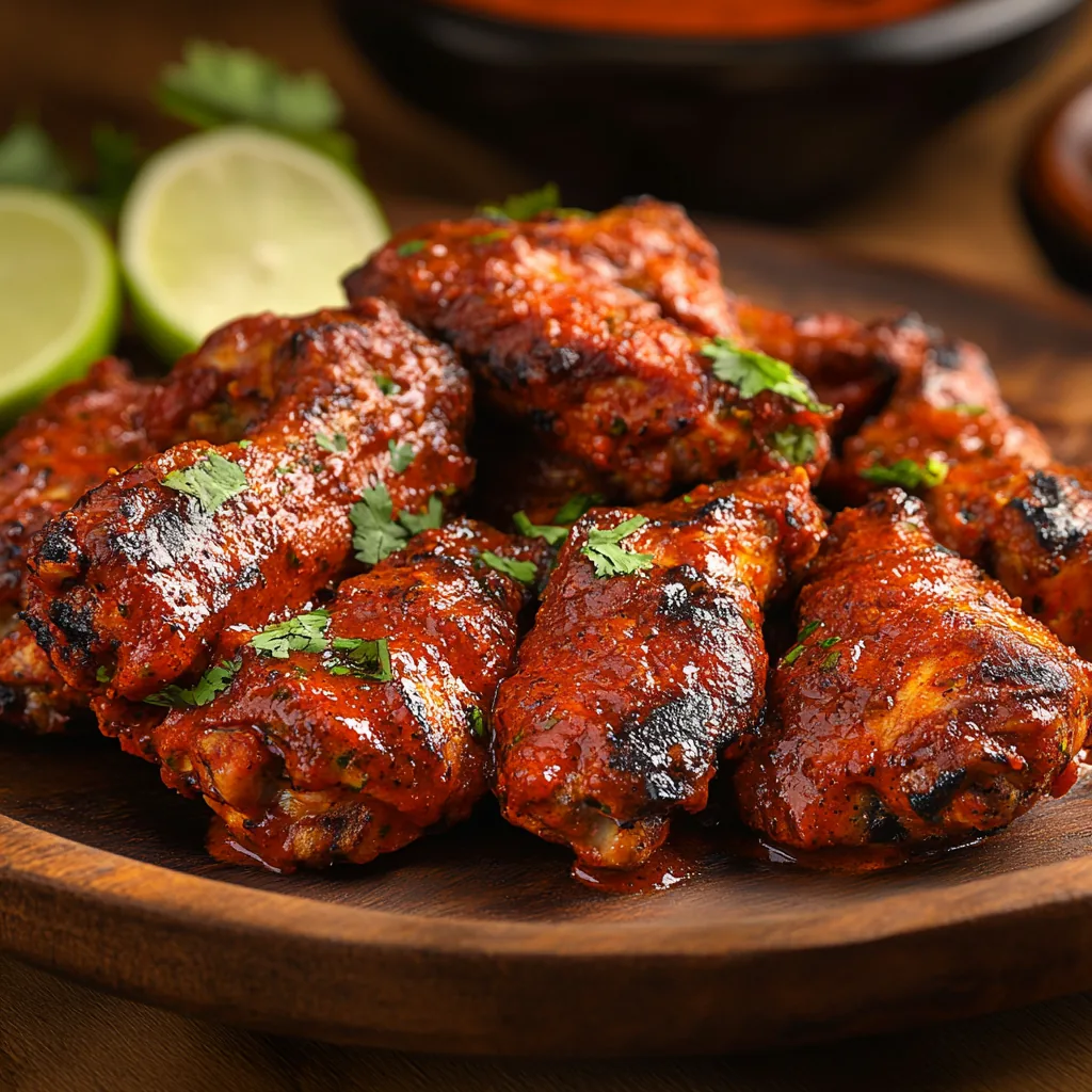 A bowl of glazed chicken wings with lime and herbs