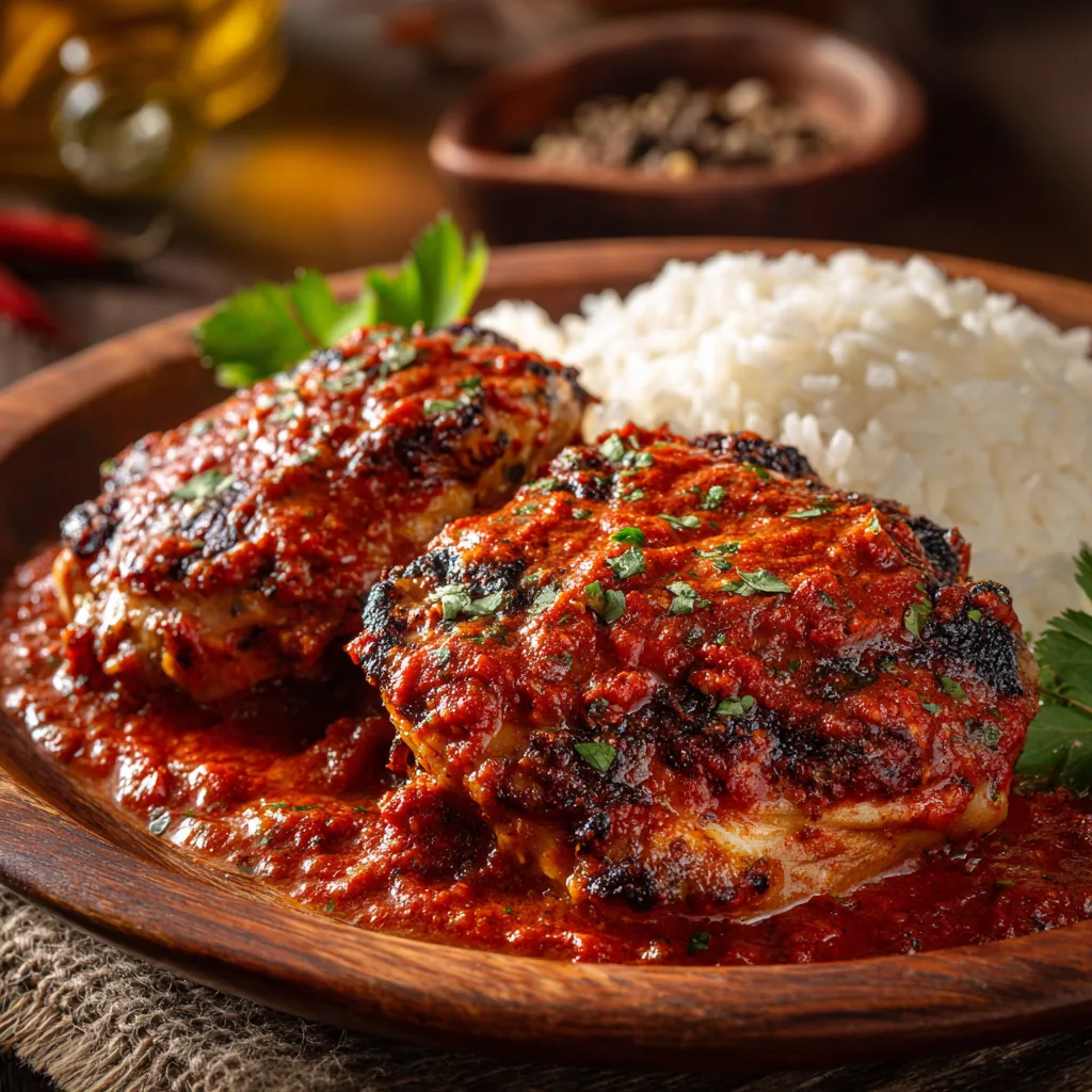A plate of saucy chicken with white rice and herbs