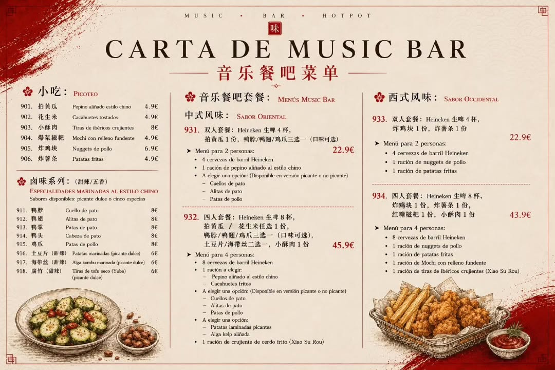 Esta es la carta de nuestro Music Bar😃
Tienes desde picoteo simple hasta menús especiales. En bebidas puedes comprar tu