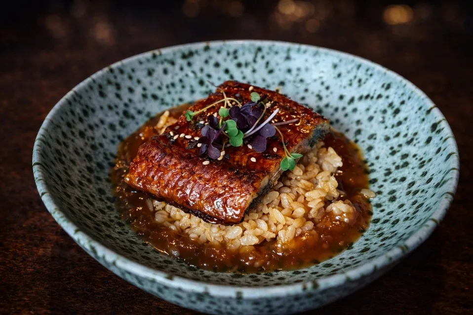 A piece of glazed grilled fish on rice in a speckled bowl