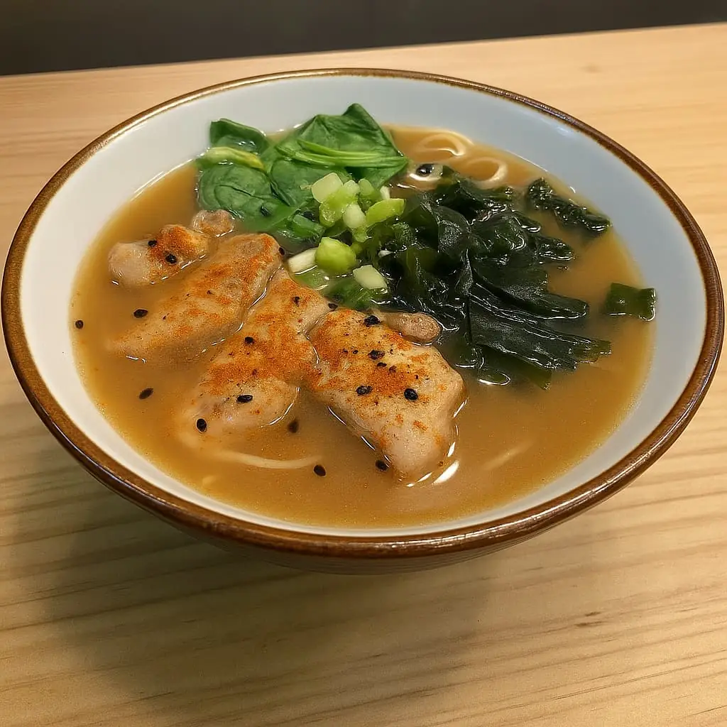 Noodle soup bowl with seared chili-dusted pork slices, wakame, pak choi and spring onion in a miso-style broth