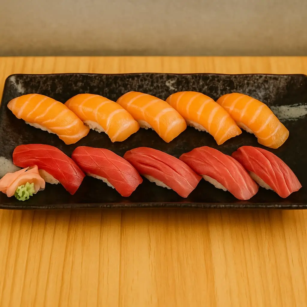 Five salmon nigiri and five tuna nigiri on a black rectangular plate with pickled ginger and wasabi
