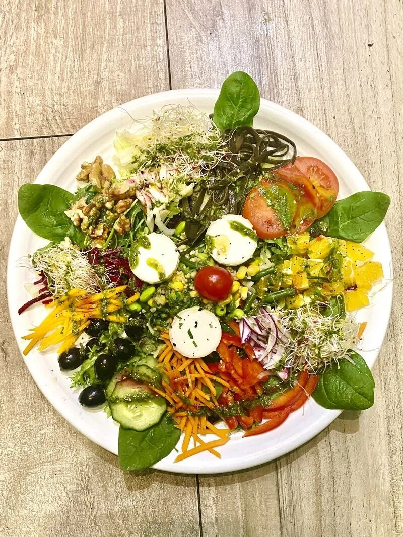 A white plate of salad with tomato, mozzarella, olives, carrot and leaves