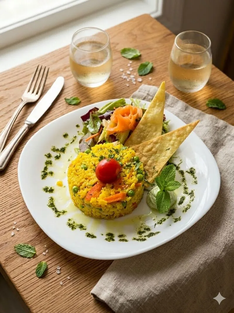 A round mound of yellow rice with a cherry tomato, herbs and crisp wafers on a white plate