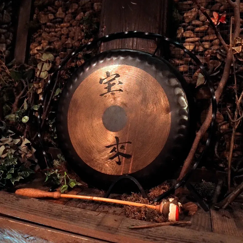A large bronze gong with an Asian character on it in front of a wall of branches and ivy