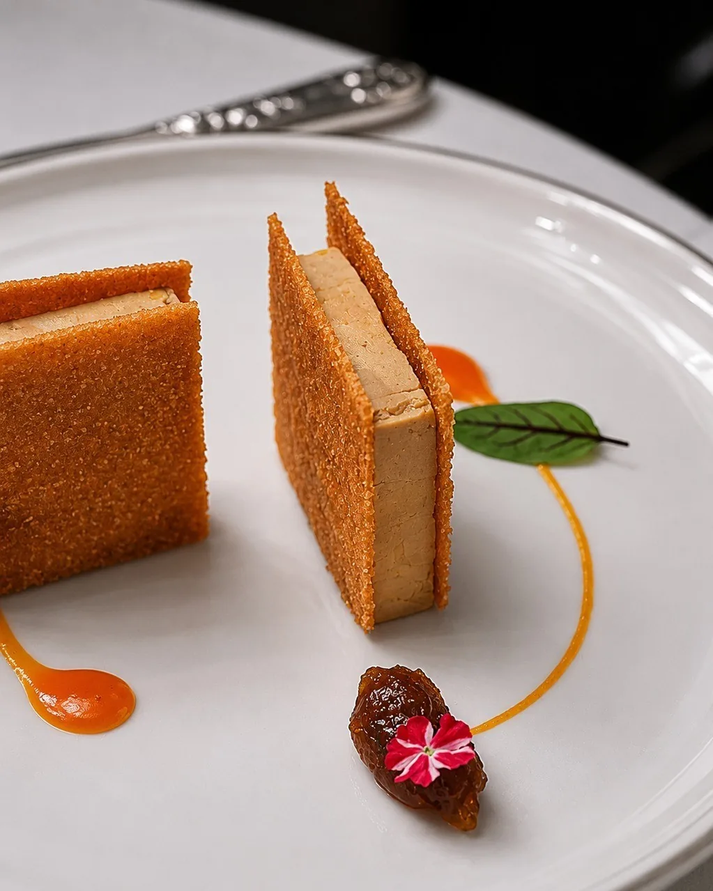 Two square golden pastry pieces on a white plate with a swirl of orange sauce and a small red flower