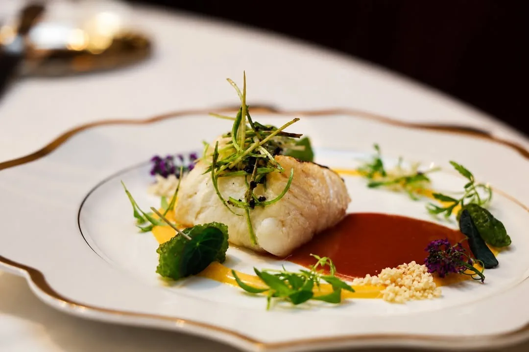 A white plate with a fillet of fish, green herbs, small vegetables and a red sauce