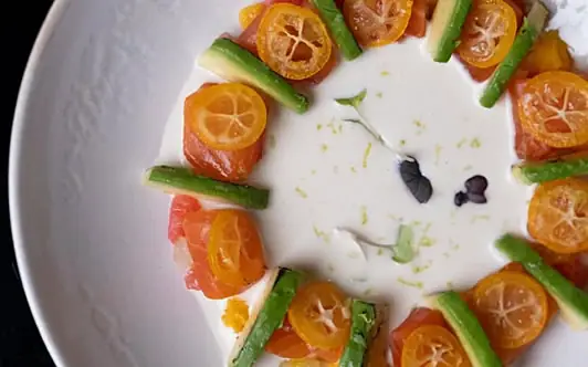 Plated dish with a ring of salmon, kumquat slices and avocado batons around a pool of white cream on a white plate